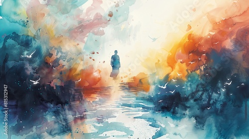 a painting of a person standing in a colorful area