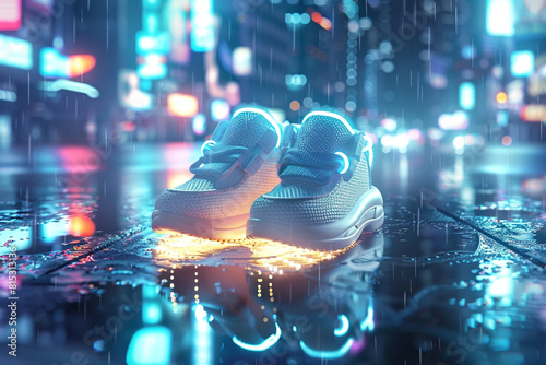 Baby shoes illuminated by the soft glow of neon lights in a futuristic cityscape, reflecting off a rain-slicked pavement below.