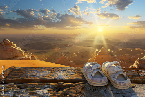 Baby shoes placed on a weathered wooden bench overlooking a vast desert landscape, with towering sand dunes glowing under the setting sun. photo