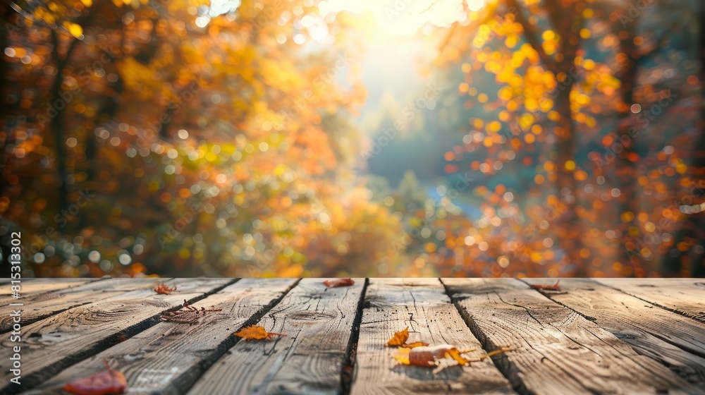A rustic wooden table with colorful autumn leaves, blurred background, autumn mood, copy space A rustic wooden table with colorful autumn leaves, blurred background, autumn mood, copy space
