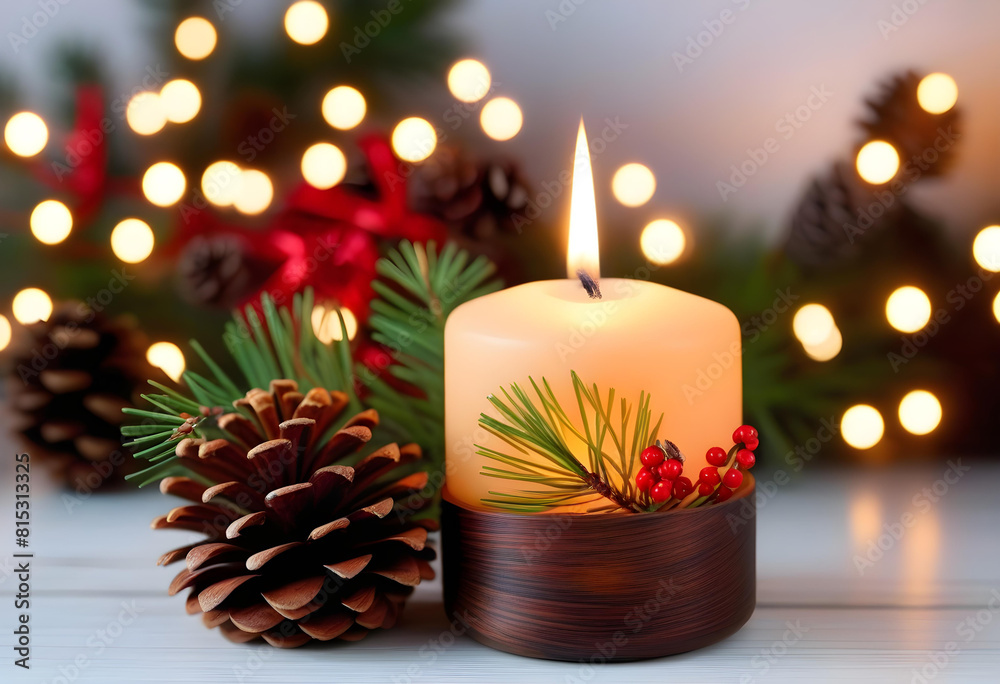 A close-up of a lit candle in a candle holder with pine cone decorations in the background