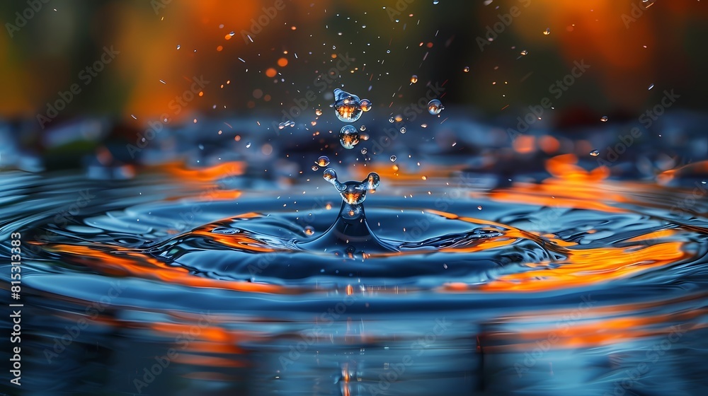 A close-up shot of a vibrant water droplet forming ripples upon impact with a liquid surface