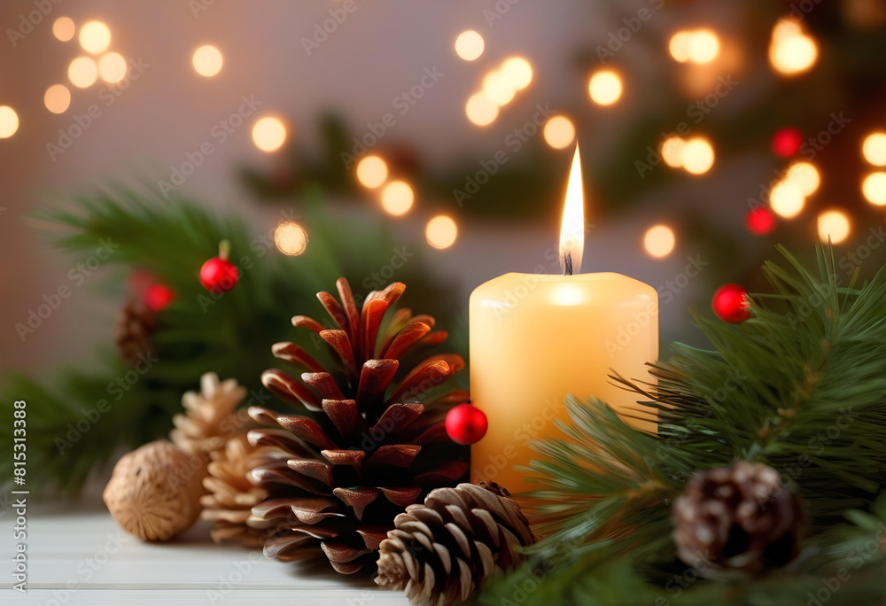 A lit candle in a holder with pine cones and a cozy room in the background