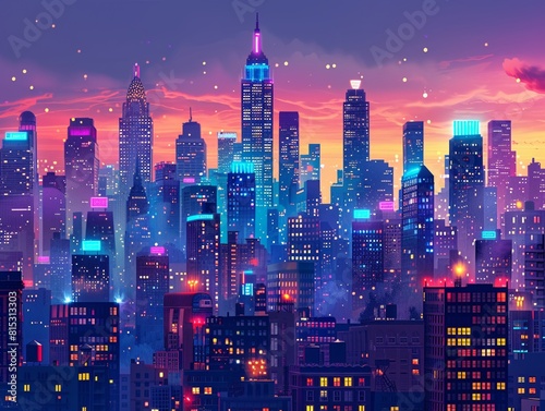 Beautiful nighttime cityscape flat design front view urban theme 3D render Triadic Color Scheme