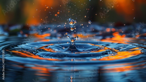 A close-up shot of a vibrant water droplet forming ripples upon impact with a liquid surface