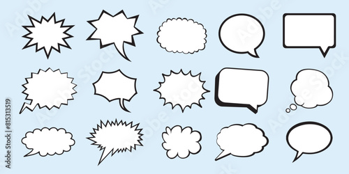 Set, collection of flat style vector speech bubbles, clouds, baloons. Talking, speaking, chatting, screaming, laughing, thinking, dreaming bubbles. Modern motion design shapes with rounded edges.