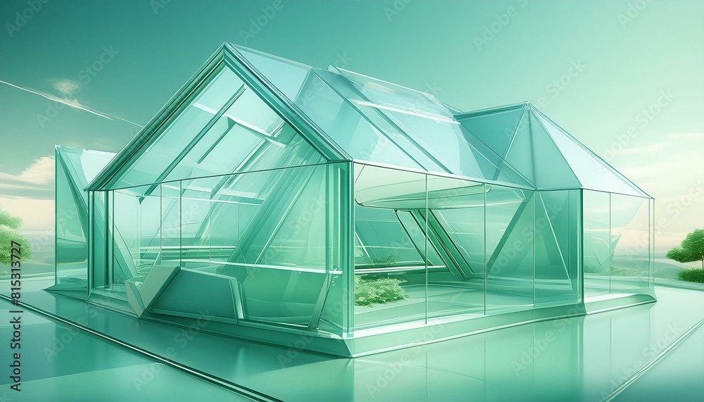 3d render of a modern house. A high-tech greenhouse with geometric, transparent panels and a lush interior visible 3d render of a modern house. A high-tech greenhouse with geometric, transparent panels and a lush interior visible