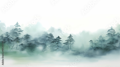 water blue ink painting of trees and mountains landscape illustration background poster decorative painting © Wu