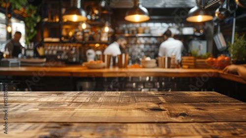 A wooden table in a bustling restaurant with people in the background  blurred backdrop  copy space