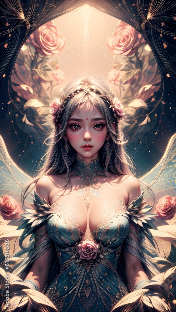 Fototapeta premium 볼터치 하얀피부 공주 여인 여신 여자 신비로운 사랑스러운 오묘한 황홀한 분위기 판타지 게임 여신 여자사람 캐릭터 화려한 우아한 럭셔리 액세서리 아름다운 장신구 아리따운 수 많은 장미들 glam
