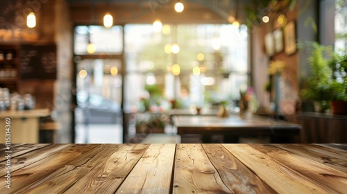 A wooden table in a restaurant with a blurred backdrop  showcasing a cozy dining atmosphere  copy space
