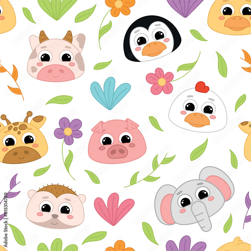 Naklejka premium Cute kawaii emoji animal icons pattern Vector illustration