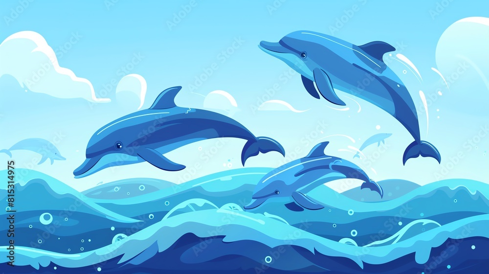 Blue ocean with dolphins flat design front view, playful theme, cartoon drawing, Triadic color scheme Blue ocean with dolphins flat design front view, playful theme, cartoon drawing, Triadic color scheme