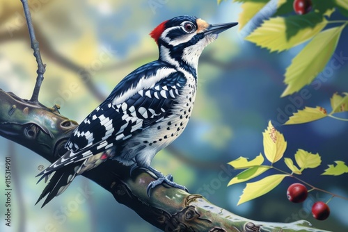 curious woodpecker perched on tree branch detailed wildlife bird illustration photo