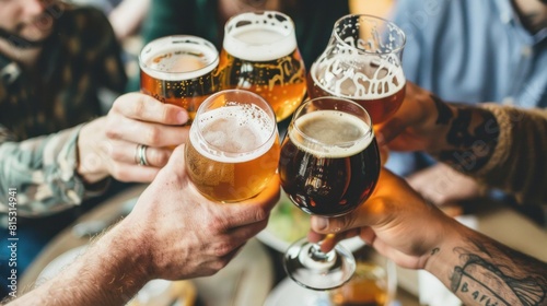 A group of friends raising their glasses in a toast, enjoying a variety of craft beers from around the world in celebration of International Beer Day.. photo