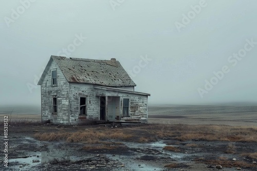 decrepit halfdestroyed house in vast graybrown landscape elegant fine art photography digital editing photo