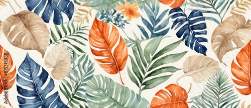 digital illustration of tropical leaves background in vibrant orange and muted blue