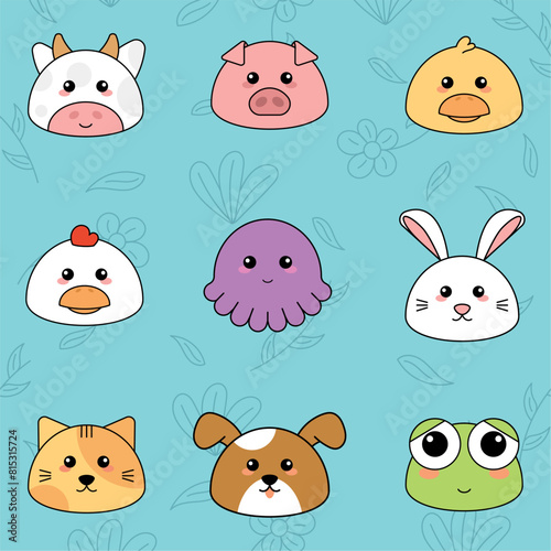 Cute kawaii emoji animal icons set Vector illustration