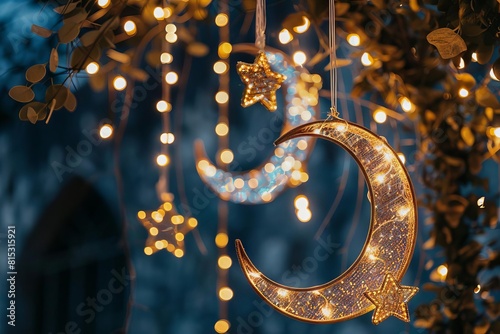 enchanting celestialthemed wedding decor with crescent and starshaped lights abstract photo photo