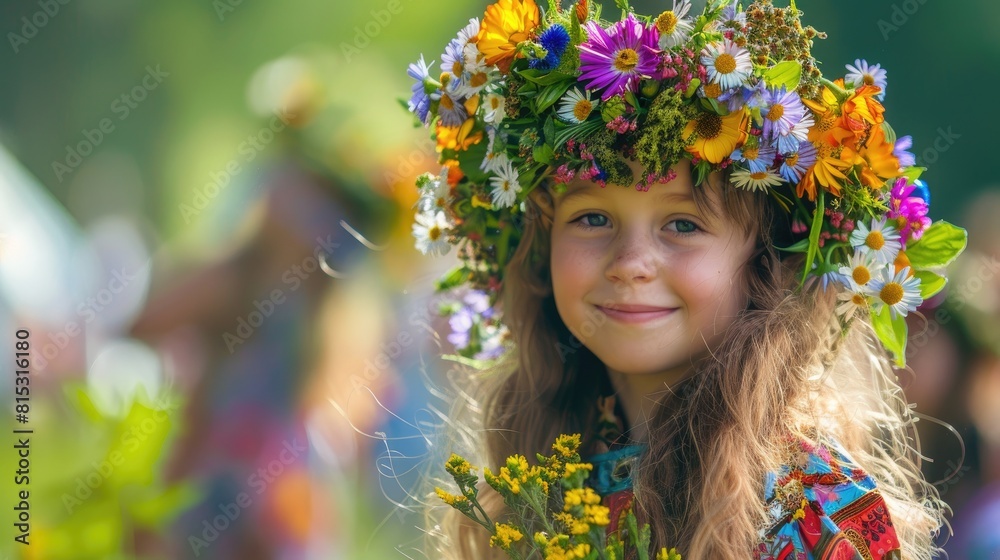 Naklejka premium A young girl adorned with a wreath of summer flowers on her head joyously partaking in the midsummer festivities of Ligo in Latvia