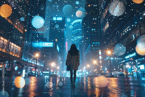 fashionable young woman exploring illuminated city streets at night embracing urban adventure ai generated illustration