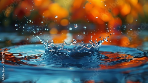 A slow-motion capture of a water droplet falling into a pool, creating a burst of vibrant colors and captivating ripples