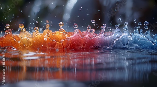 A slow-motion video of multiple water droplets falling simultaneously  creating a mesmerizing display of vibrant colors blending together