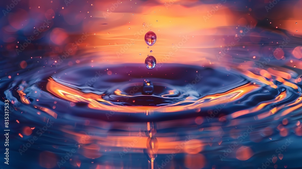 A vibrant water droplet captured in slow motion, showcasing the intricate textures and vibrant hues as it descends gracefully