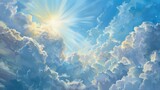 Divine blessings showered upon us as the brilliant sunlight illuminates the day accompanied by the sight of fluffy white clouds drifting across the clear blue sky following a refreshing dow