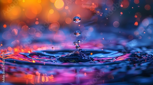 A vibrant water droplet slowly descending into a pool, causing a beautiful explosion of colors upon contact photo