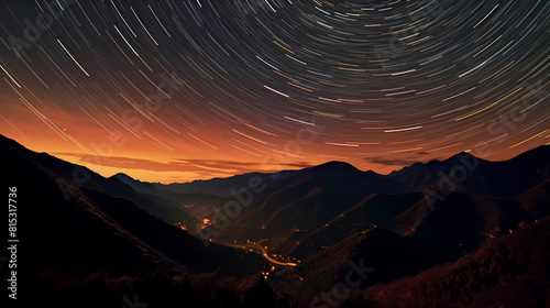 star trails over a mountain in evening skies illustration background poster decorative painting
