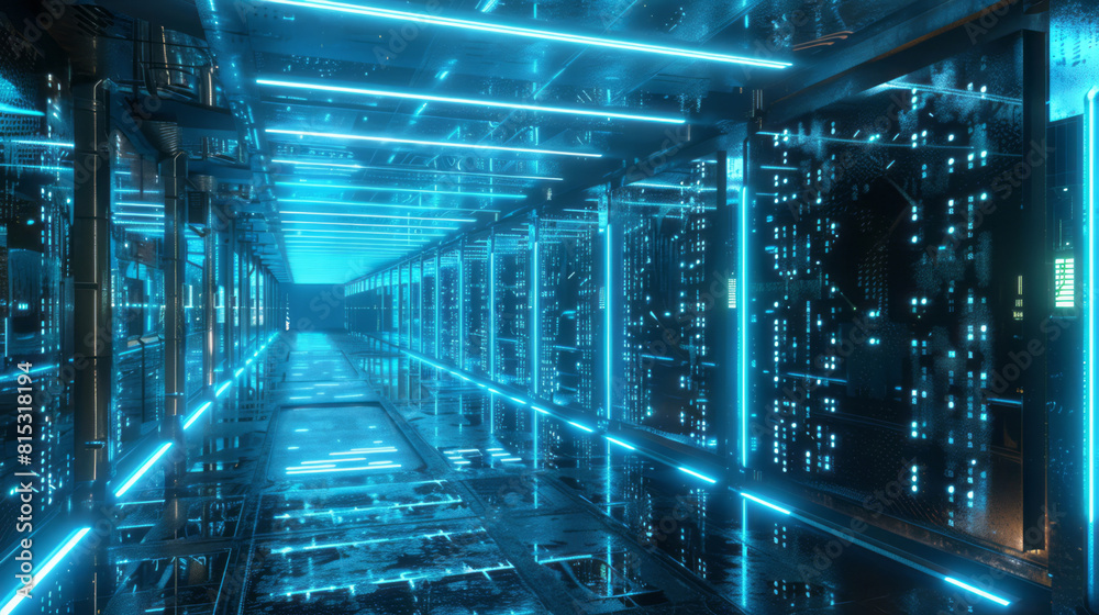 A virtual datacenter, filled with blue lights, in a sci-fi style, with an emphasis on industrial texture and circuitry. A virtual datacenter, filled with blue lights, in a sci-fi style, with an emphasis on industrial texture and circuitry.