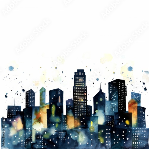Watercolor painting of a nostalgic city skyline silhouette with towering skyscrapers and twinkling lights, on isolated white background, Generative AI