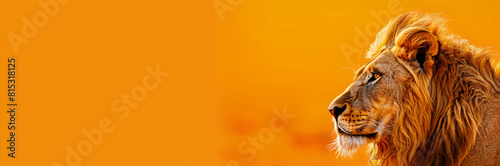 Lion portrait web banner. Stunning lion portrait isolated on orange background with copy space.