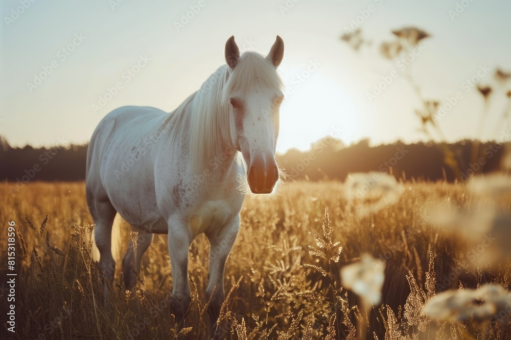White horse standing in the field at golden hour sunset White horse standing in the field at golden hour sunset