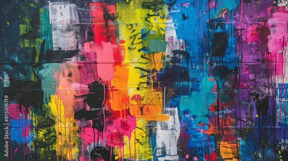 A colorful mural made of mixed graffiti is painted on the wall, in a style characterized by drips and splatters and dark colors. A colorful mural made of mixed graffiti is painted on the wall, in a style characterized by drips and splatters and dark colors.