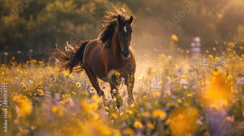 Beautiful chestnut brown horse running in the flower meadow. Gracious animal on a sunny summer day