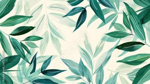 A leaf pattern with green leaves is exemplified  in a simplistic vector art and watercolor illustrations style.
