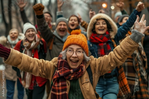 Happy people. Group of cheerful elderly people raising their hands and smiling while standing outdoors photo