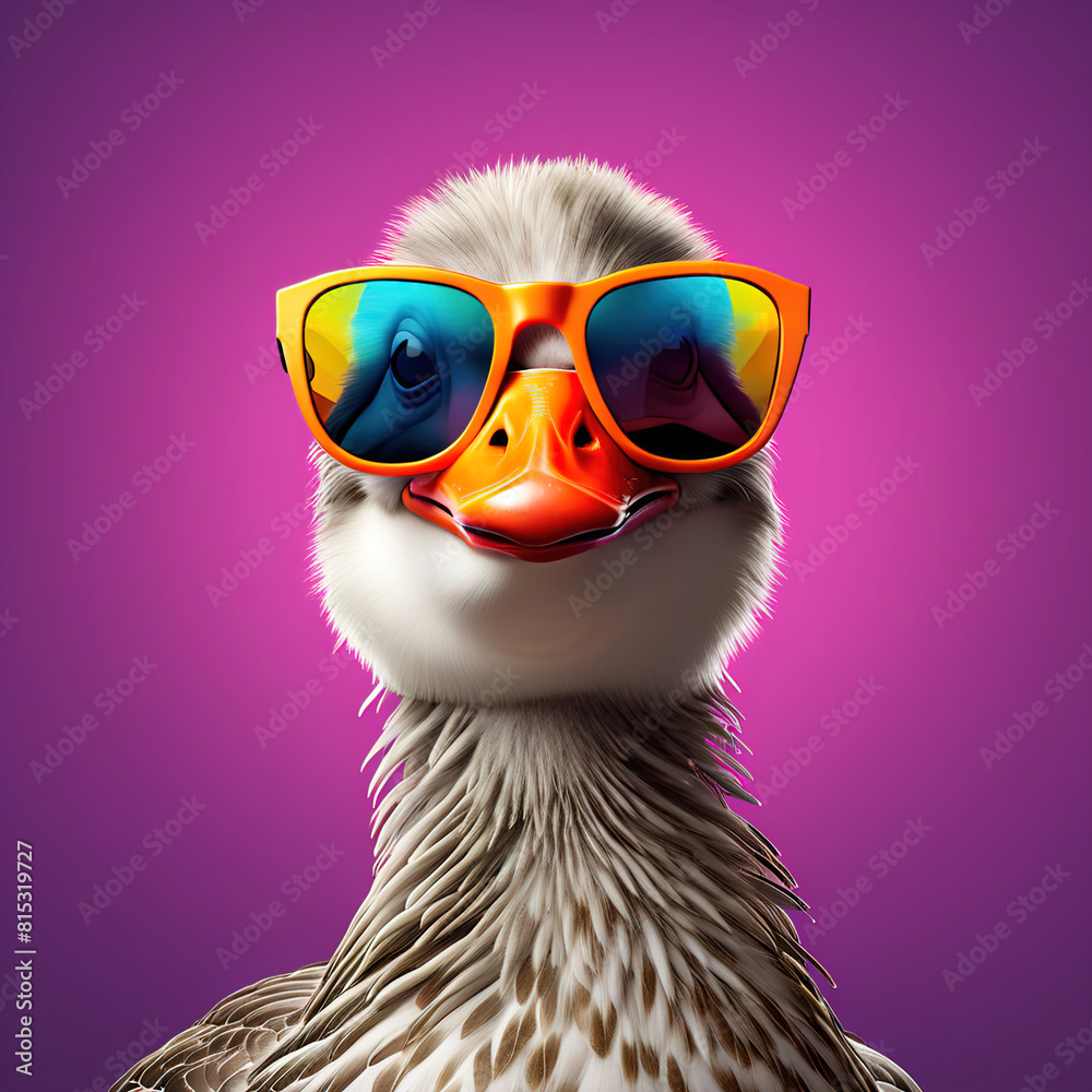 Funny goose wearing sunglasses in studio with a colorful and bright background. Generative AI Funny goose wearing sunglasses in studio with a colorful and bright background. Generative AI