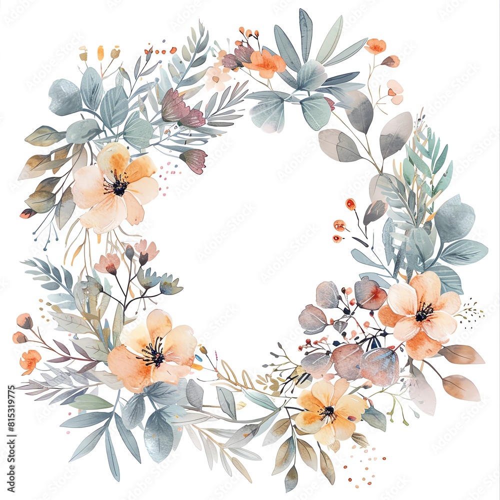 Obraz premium Create a watercolor painting of a wreath of flowers and leaves in a circle