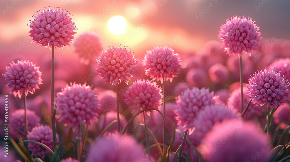 Full bloom onion organic farm in the morning with sun rise. Created using generative AI Full bloom onion organic farm in the morning with sun rise. Created using generative AI