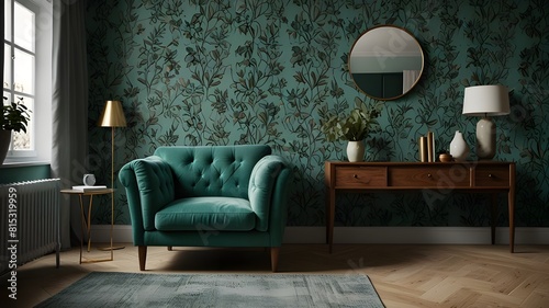 Wallpaper Mural Chair and turquoise sofa in green living room interior with leaves wallpaper and table. Real photo Generative AI Torontodigital.ca