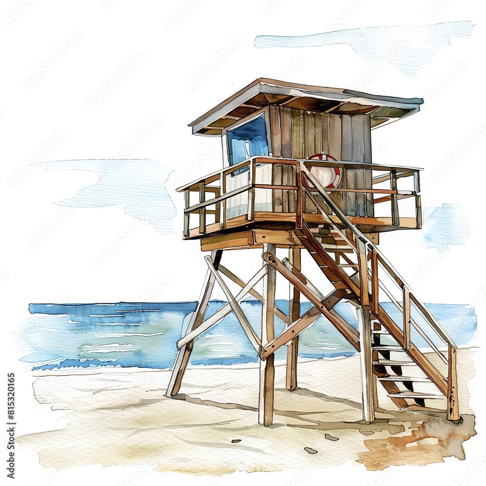 Create a watercolor painting of a lifeguard tower on a beach. The tower is made of wood. Include a blue sky and ocean. Create a watercolor painting of a lifeguard tower on a beach. The tower is made of wood. Include a blue sky and ocean.
