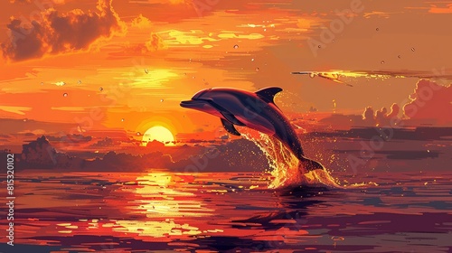 Dolphin jumps at golden hour flat design top view picturesque theme watercolor Monochromatic Color Scheme