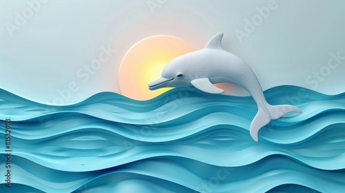 Cute dolphin jumps at golden hour flat design top view picturesque theme watercolor Monochromatic Color Scheme