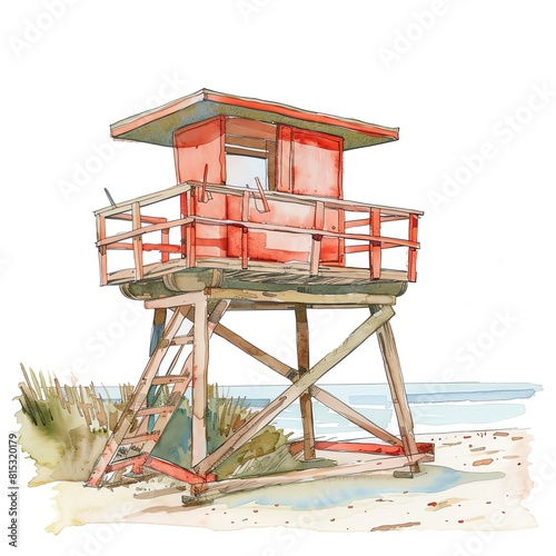 Create a watercolor painting of a lifeguard tower on a beach. The tower is red and white. The beach is sandy and the ocean is blue.