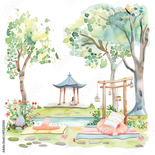 A peaceful watercolor painting of a park with a pagoda, pond, and trees. A woman is meditating in the pagoda. There are two picnic blankets with pillows and a lantern.