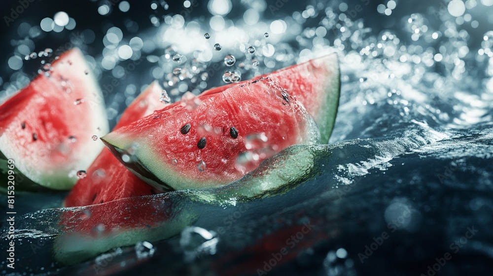 3D realistic illustration of watermelon slices thrown under water on a dark background, side view with water splashes and bubbles 3D realistic illustration of watermelon slices thrown under water on a dark background, side view with water splashes and bubbles