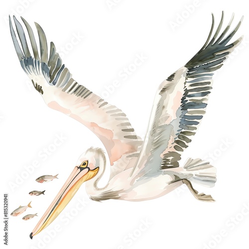 A watercolor painting of a pelican with a large orange beak and gray wings photo